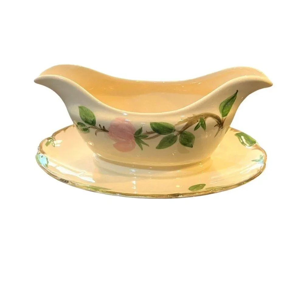 Franciscan Pottery Desert Rose Floral Gravy Boat W Attached Plate USA